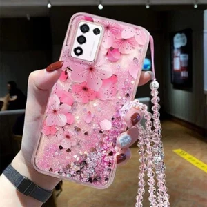 For Various Phone Quicksand Peach Blossom Rain +Chain Liquid Glitter Case Cover - Picture 1 of 9