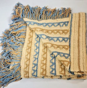 Crocheted Afghan Blue Tan Farmhouse Cottagecore Double Side 82x38 Blanket Fringe - Picture 1 of 3