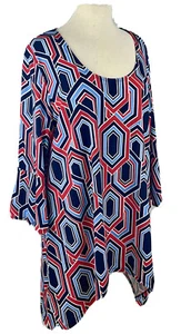 Slinky Brand Top Tunic 1X Bell Sleeves Red White Blue Shark Bite Hemline - Picture 1 of 7