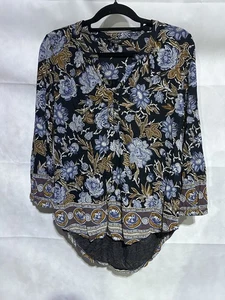 Lucky Brand Boho Tunic Top Womens M Navy Blue Floral Long Sleeve V Neck Fall EUC - Picture 1 of 5