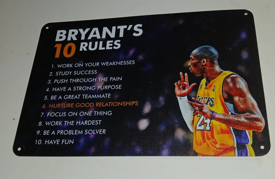 Металлическая вывеска Коби Брайанта знак «BRYANT'S 10 RULES» 12 дюймов x 8 дюймов Los Angeles Lakers - Изображение 1 из 1