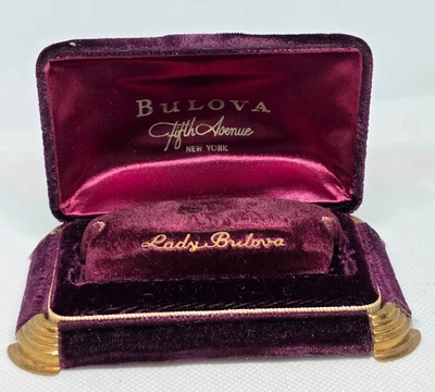 Vtg Lady Bulova 5th Ave NY Burgundy Purple Velvet Jewelry Watch Clamshell Box - Image 1 of 4