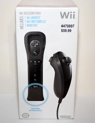 Nintendo Wii Paquete de accesorios OEM #470897 control remoto negro + Wii MotionPlus + Nunchuk Foto 1 de 4