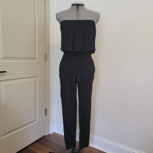 Aerie Black Crepe Strapless Ruffle Front Jumpsuit Jogger Legs Drawsting Size M - Picture 1 of 10