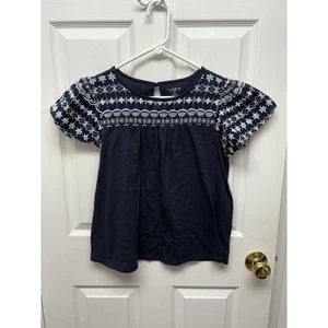 Loft Navy Blue Blouse, White Embroidered Smocking Short Sleeves, Women's Size SP - Picture 1 of 4