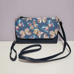 Butterfly Blue Toned Zip Around Wallet Crossbody Wristlet Faux Leather 8"×5" - Picture 1 of 8