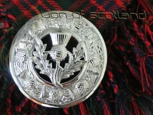 Scottish Thistle Fly Plaid Brooch Chrome Finish 3"/Celtic Kilt Pin & Brooches - Picture 1 of 2