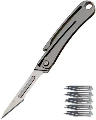 Cuchillo llavero titanio y 10 hojas de afeitar reemplazables, mini bisturí plegable Foto 1 de 4