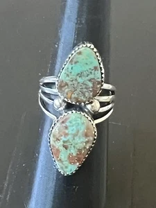 2 stone Kingman Turquoise Sterling Silver Size 7 Navajo Avin Joe R0028 - Picture 1 of 6
