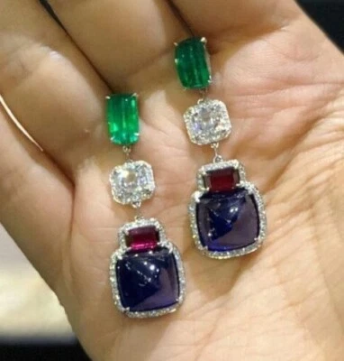 Blue Sapphire Pink Tourmaline White CZ Green Emerald Studded Women Drop Earring - Image 1 of 4
