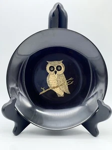 Vintage Couroc of Monterey Owl Bowl Round Black Wood Copper Inlay - Picture 1 of 13