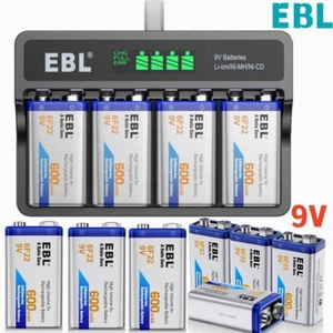 EBL Wiederaufladbare 9V 600mAh 6F22 Li Ionen Akkus 9Volt Akku/4 Slot Ladegerät - Bild 1 von 21