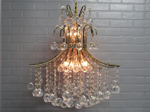 Huge Vintage Hollywood Regency Glam Chandelier Lead Crystal Gold Ceiling Light Cover