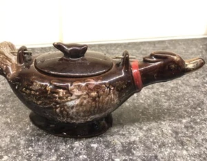 Vintage 50er Jahre rote Ware Japan braun glasiert Ente Zuckerdose, Übertopf mit Deckel - Bild 1 von 10