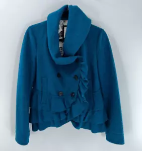 Women's Elevenses Frilled Echelon Ruffle Teal Pea Coat Jacket Size 8 - Picture 1 of 8