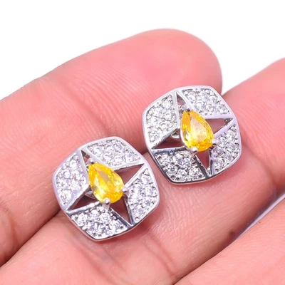 Yellow Sapphire - Simulated & CZ Gemstone 925 Sterling Silver Earring 0.70" E24 - Image 1 of 4