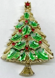 VINTAGE SIGNED BEATRIX CHRISTMAS TREE 2" PIN ENAMEL HOLLY RED RHINESTONE BROOCH - Picture 1 of 9