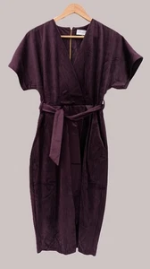 CLOSET LONDON Kimono Sleeve Velvet Midi Dress with Wrap Tie Plum - SIZE UK 14 - Picture 1 of 7