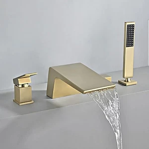 Waterfall Deck-Mount Roman Tub Faucet with Handshower in Brushed Gold 4 Hole - Picture 1 of 6
