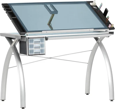 Futura Crafting, Drafting, Drawing Table with Adjustable Top, Silver/Blue Glass - Image 1 of 4