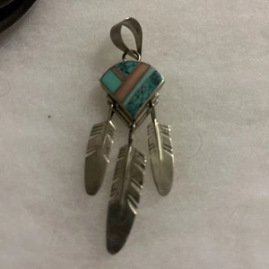 Navajo R Tracey Knifewing Sterling Silber Inlay Türkis Lapis Feder Anhänger - Bild 1 von 11