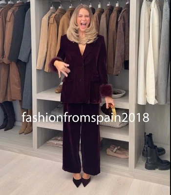 ZARA NUEVO PANTALÓN MUJER CINTURA ALTA TERCIOPELO PIERNA ANCHA GRANATE XS-XL 9548/816/605 Foto 1 de 4