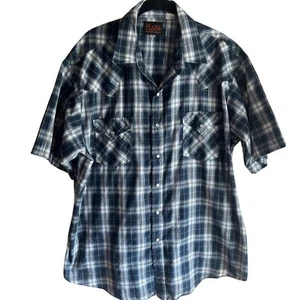 De colección XL Plains Western Wear Perla A Presión Manga Corta Azul Cuadros Vaquero Rodeo - Imagen 1 de 5