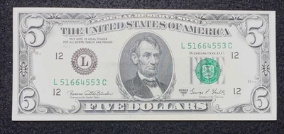 1969C cinco dólares $5.00 nota nítida com erro de alinhamento S/N L51664553C Estate Find - Imagem 1 de 4