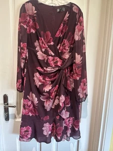 JACQUI-E Dress 14AU Burgundy Floral Below Knee L106cm U50cm - Picture 1 of 7