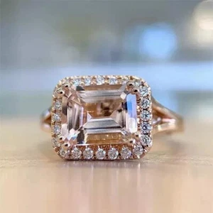 3 Ct Emerald Cut Lab-Created Morganite Halo Engagement Ring 14K Rose Gold Plated - Picture 1 of 3