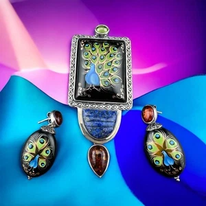 Amy Kahn Russell Anhänger & Ohrringe handbemalt Pfau auf Onyx mit Lapis & Bernstein - Bild 1 von 14