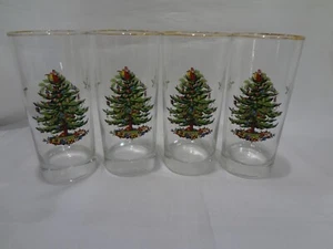Spode Christmas Tree - Set of Four 15-ounce Highball Glasses - Wear to Gold Rim - Picture 1 of 5