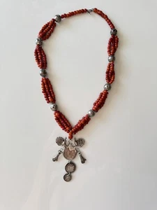 Vtg Coral Red Color Glass? Beads Necklace with fun old Guatemala coins pendant - Picture 1 of 8