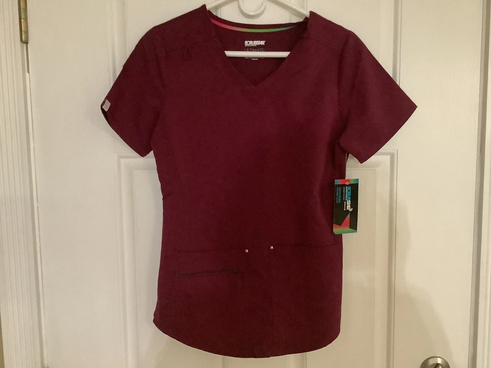 Scrubstar Women’s WINE 3 Pocket Scrub Top Size XS Antimicrobial Fabric