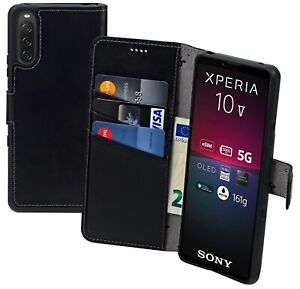 Hülle für Sony Xperia 10 V 5G Tasche Book Case Echt Leder Schutzcover in Schwarz