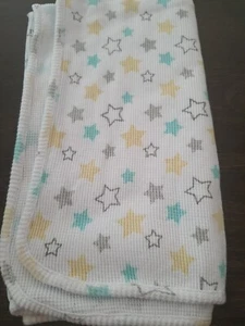 Just Born White Thermal waffle w Aqua Gray & Yellow Stars Baby Blanket lovey  - Picture 1 of 4