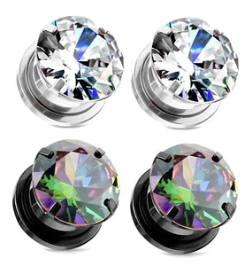 2 Pairs Screw Fit CZ Cubic Zirconia Gem Plugs Black Plated Steel Rainbow gauges - Picture 1 of 1