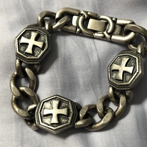 "Pulsera de eslabones de acero inoxidable firmada por Russell Simmons pesada cruz 9""" - Imagen 1 de 23