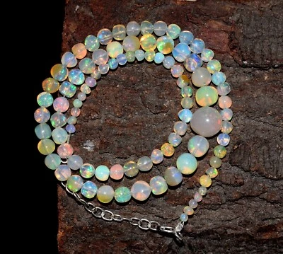 Solid925 Collana Argento 16 " Naturale Etiope Opale Pietra Rotondo Palline - Immagine 1 di 4