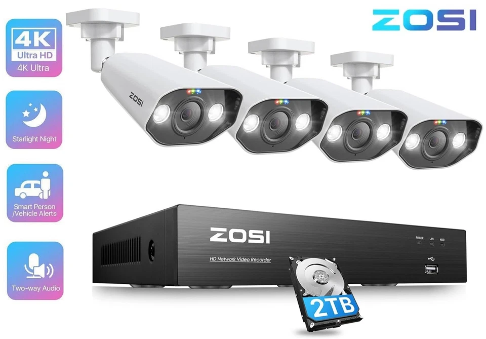 Система безопасности ZOSI 4K 8 МП WIFI 6 наружная ptz камера видеонаблюдения IP66 умный свет 1 ТБ - Изображение 1 из 4