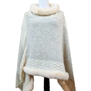 L.I.B. Womens New York Poncho Sweater Ivory Knit Pullover One Size Faux Fur NEW - Picture 1 of 18