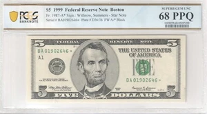 $5 1999 Star Note Federal Reserve Note Boston FW A-* Block PPQ 68 Graded GEM - Picture 1 of 2
