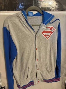 Superman Jacket Varsity Style Mens Small Snap Front Hood Blue Gray Red - Picture 1 of 7