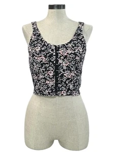 VOLCOM What A Looker Crop Tank Top Sz L Black Pink Floral Print Hook Eye Cotton - Picture 1 of 10