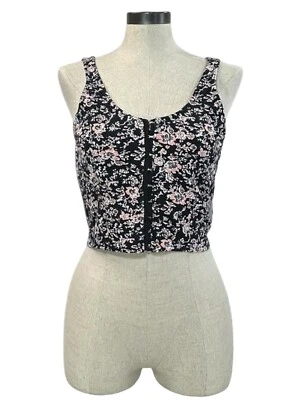 VOLCOM What A Looker Crop Tank Top Sz L Black Pink Floral Print Hook Eye Cotton - Image 1 of 4