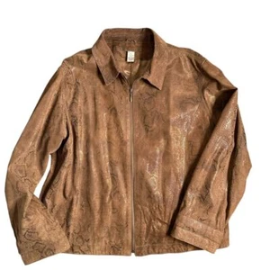 Chicos Suede Leather Jacket Women Size 3 Large Brown Snakeskin Print Full Zip - Picture 1 of 11