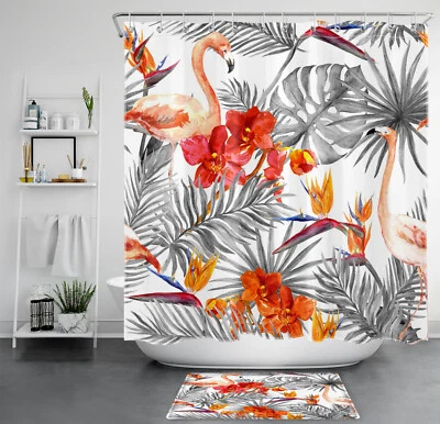 Plant Grey Leaf Pink Flamingo Red Floral Shower Curtain Bathroom Accessories Set - Image 1 of 4