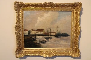 French school of art  oil on canvas 19th century french harbour scene  - Picture 1 of 9