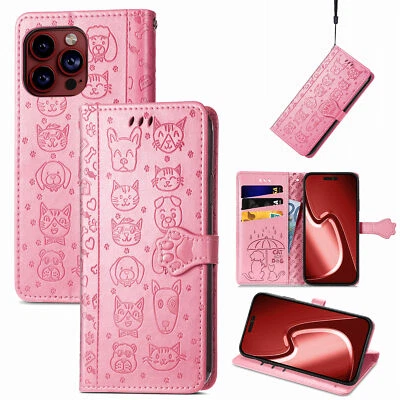 Cat Dog Leather Card Wallet Case For Various Phone Flip Stand Cute Cartoon Cover - Image 1 of 4