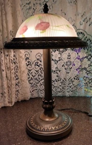Reverse painted table lamp vtg rippled milk glass brass morning glorys - Picture 1 of 2